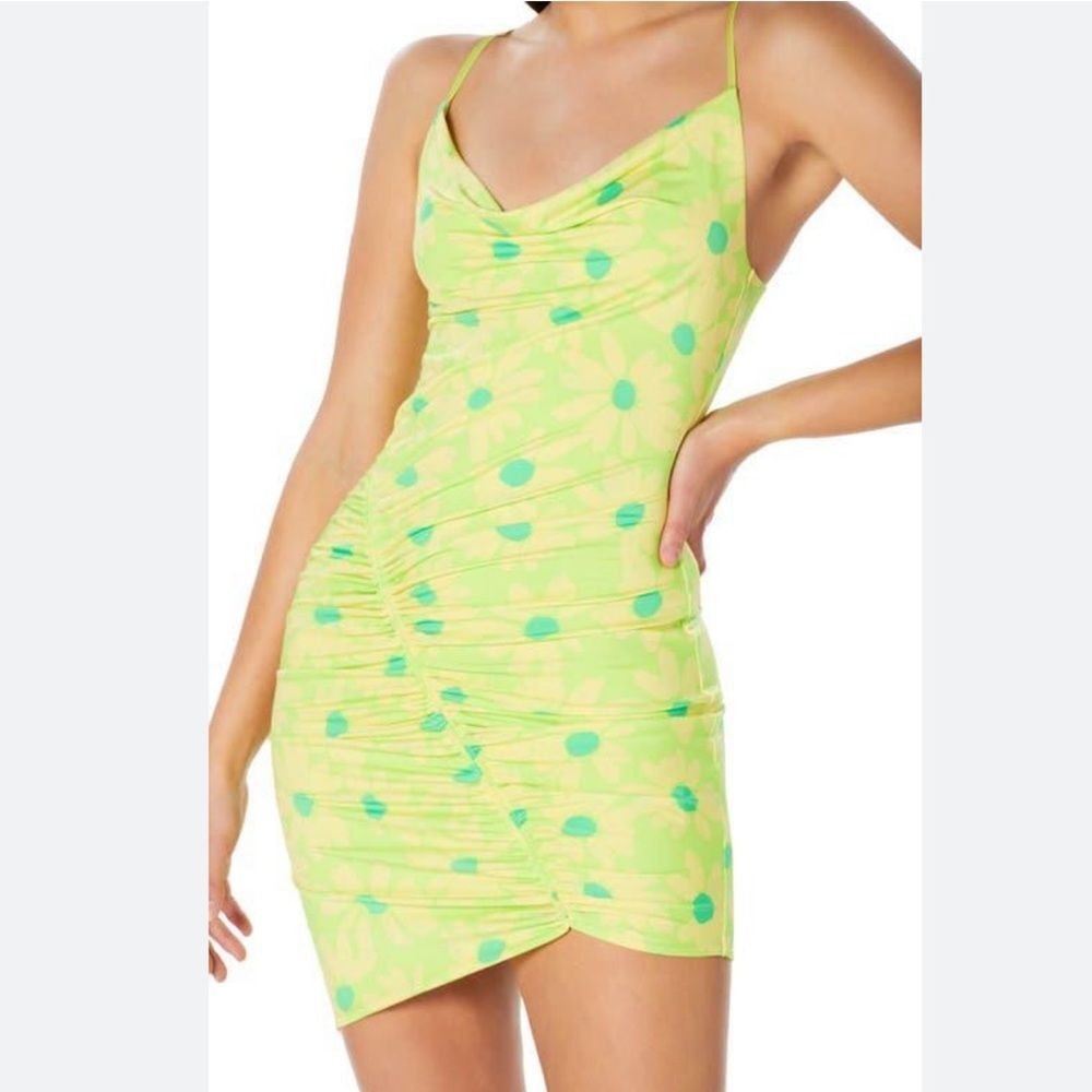 New Revolve AFRM palmetto asymettric mini dress Green Polka Dot Ruched